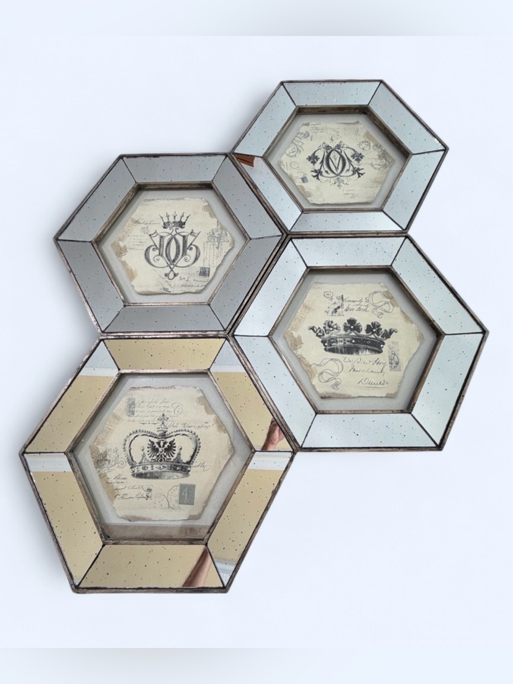 Set Of 4 Hexagonal Vintage Simeon Framed Crown Prints.